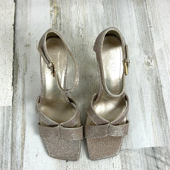 Franco Sarto Rania Women’s 6.5 Gold Sparkle Square Toe Heeled Sandals NEW - Picture 2 of 9